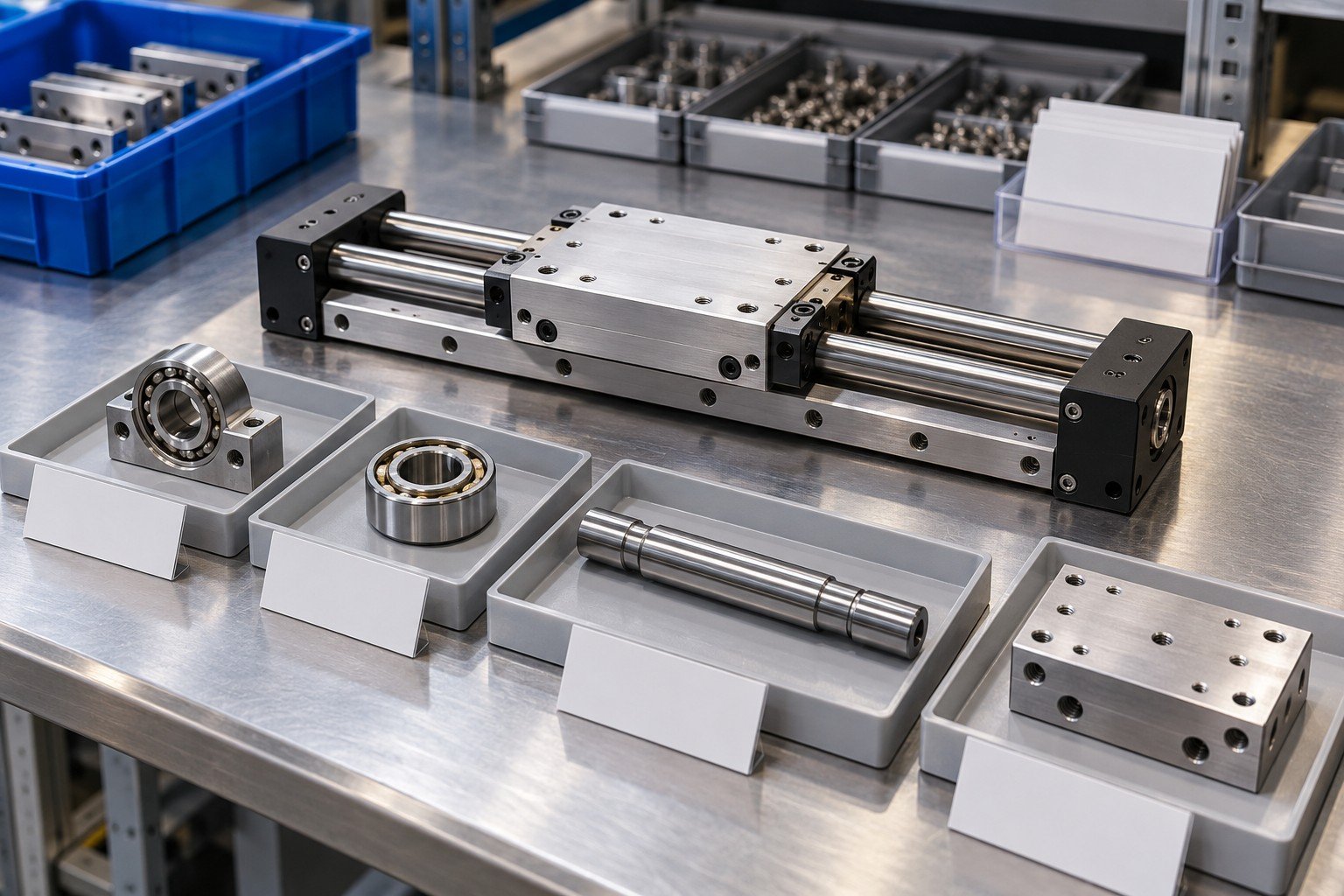 Assembled miniature mechanical slide with matching bearing and shaft components separately identified by blank tray cards