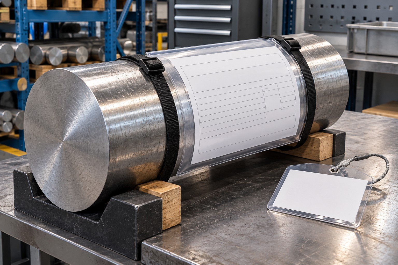 Stainless round stock offcut with blank material report sleeve and separate receiving identity tag holder