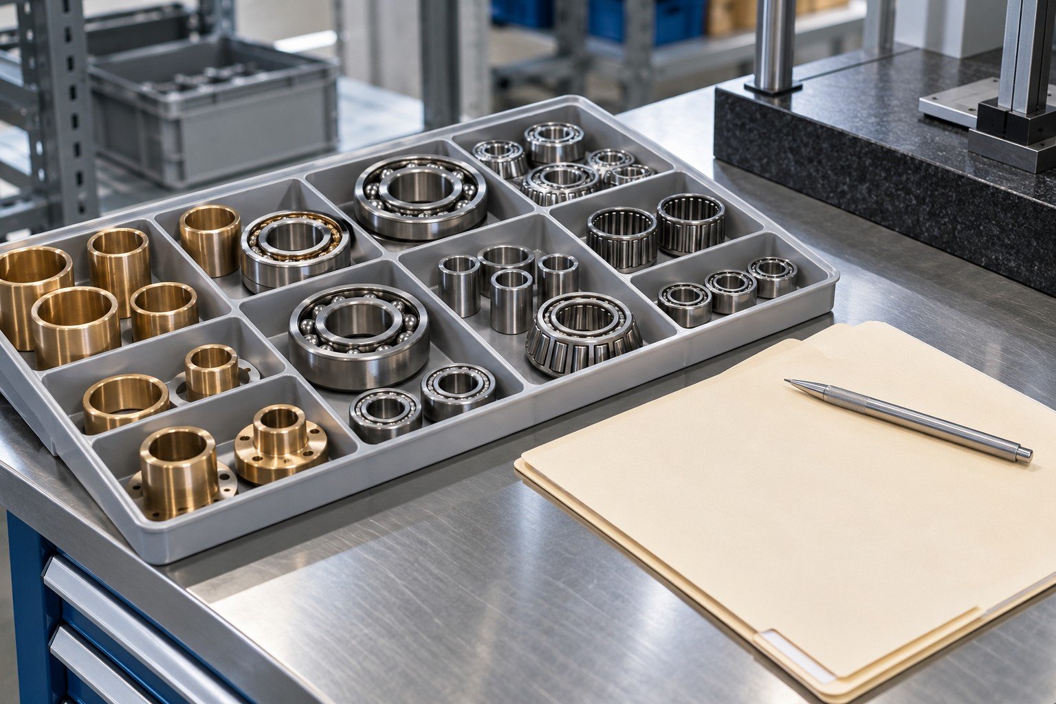 Purchased precision bushings and bearings separated in compartment tray with plain receiving folder