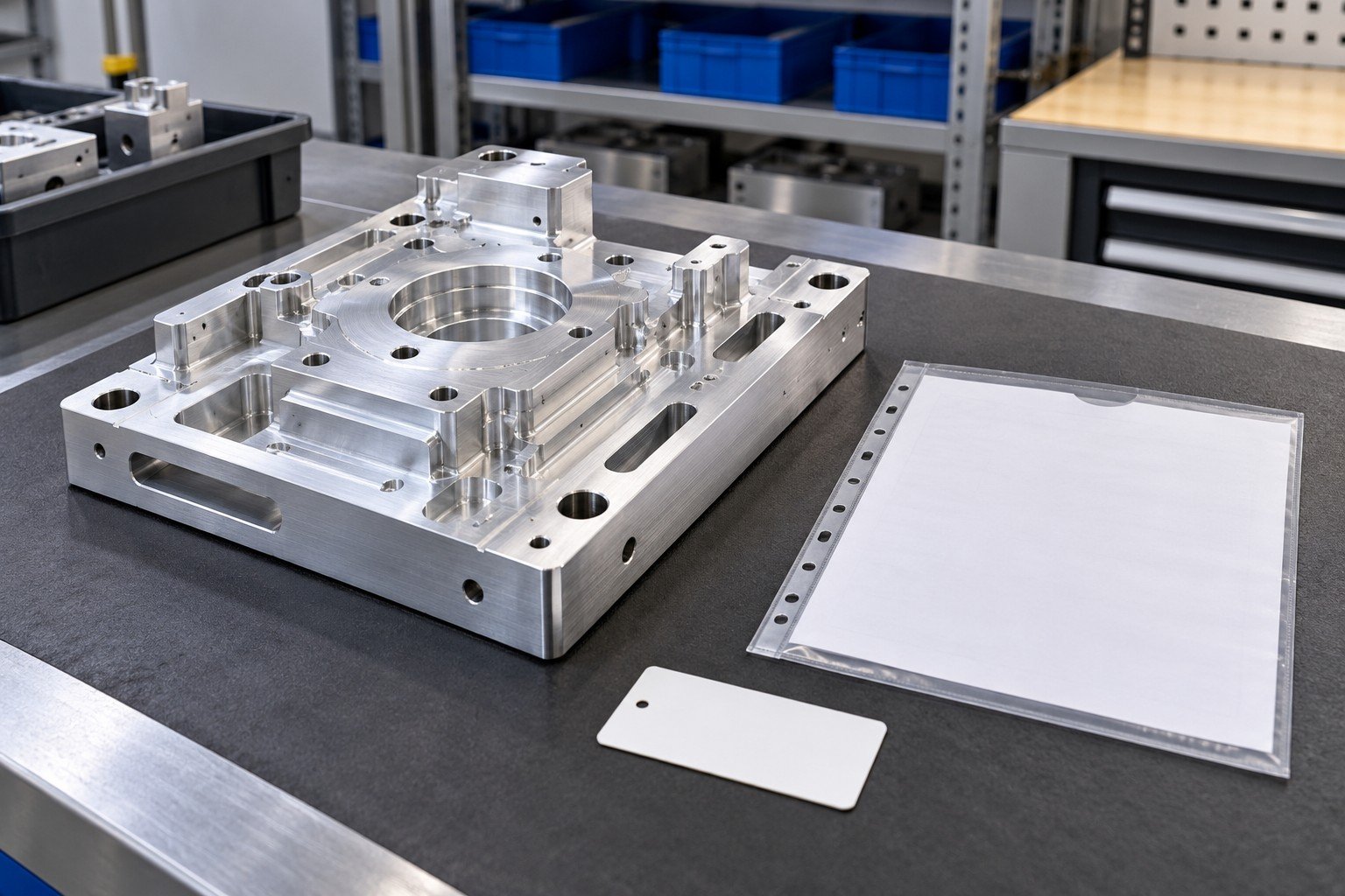 Partly machined aluminum fixture plate beside plain manufacturing traveler sleeve and separate blank revision card
