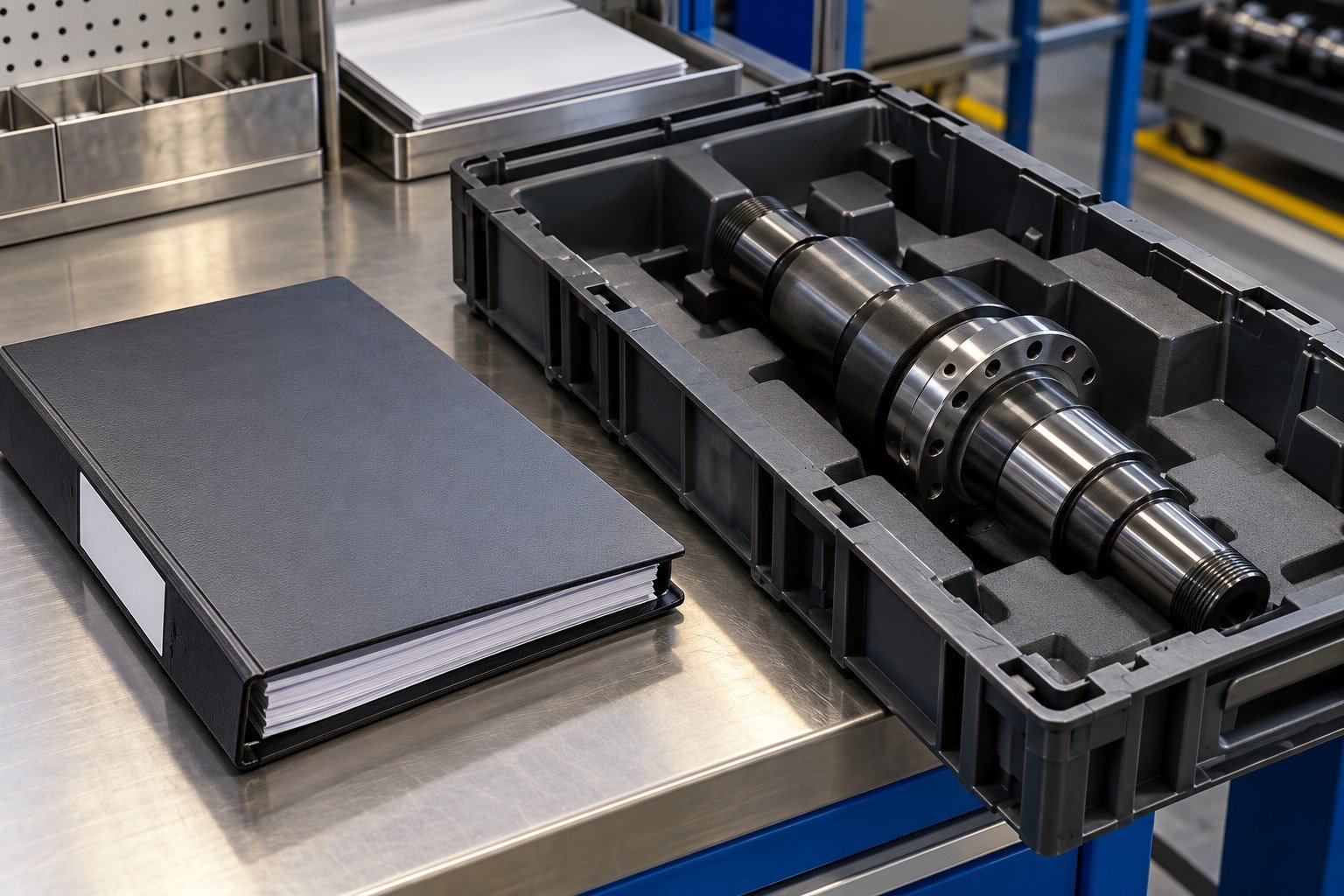 Distinct dark heat-treated steel spindle in protective return-process tray beside closed process document folder