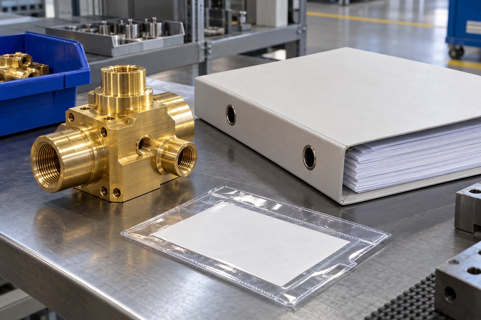 Turned brass valve block beside plain dimensional report folder and sample identity sleeve