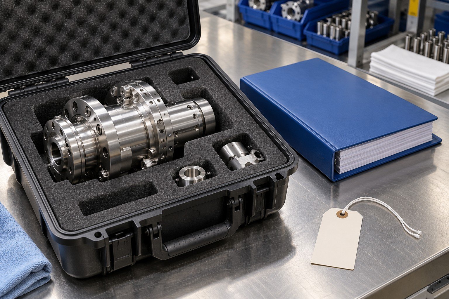 Compact stainless mechanical assembly in fitted shipment foam with closed blue record pack and blank lot tag
