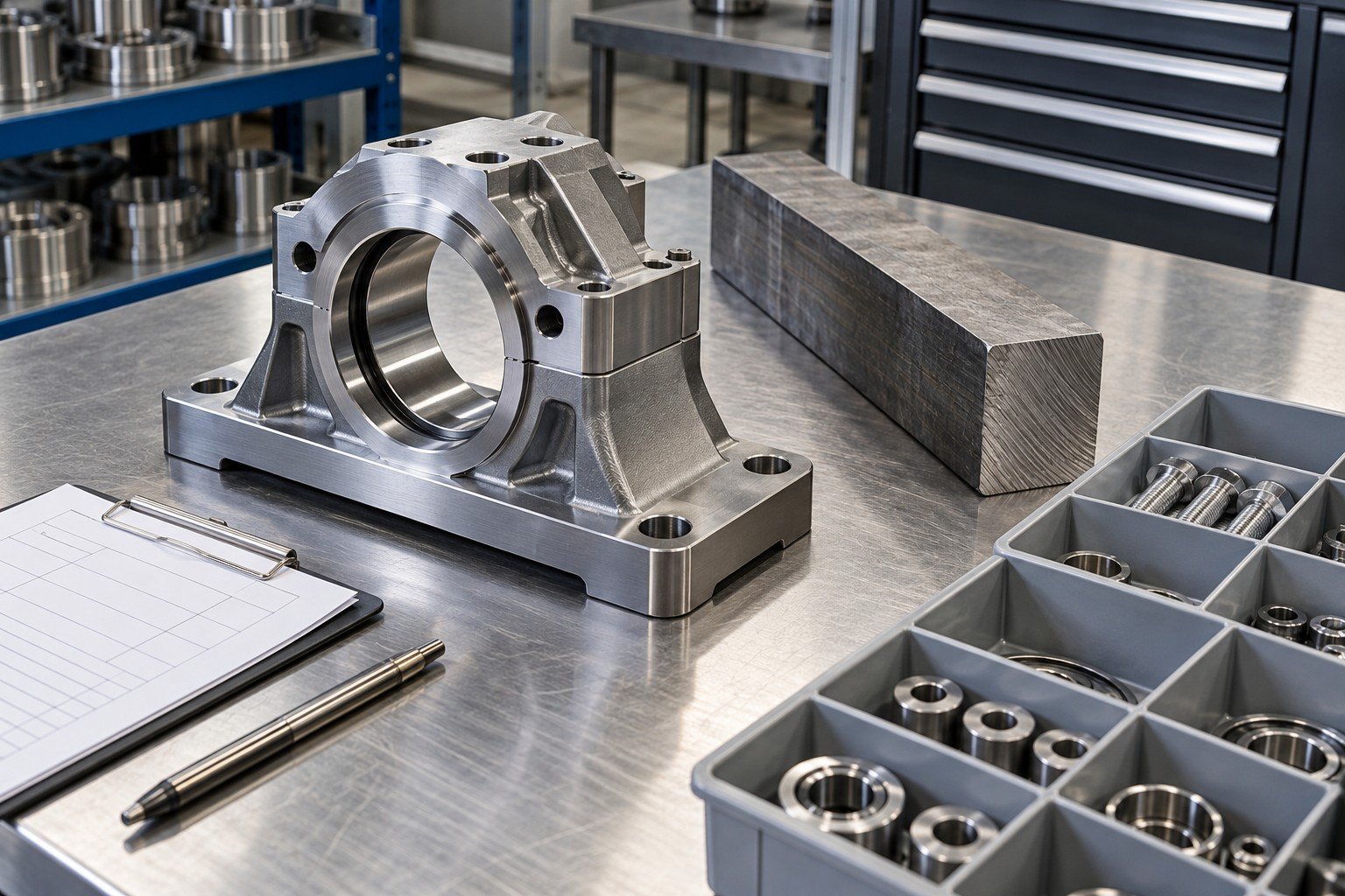 Complex precision machined steel bearing mount beside retained bar offcut and separately compartmented parts