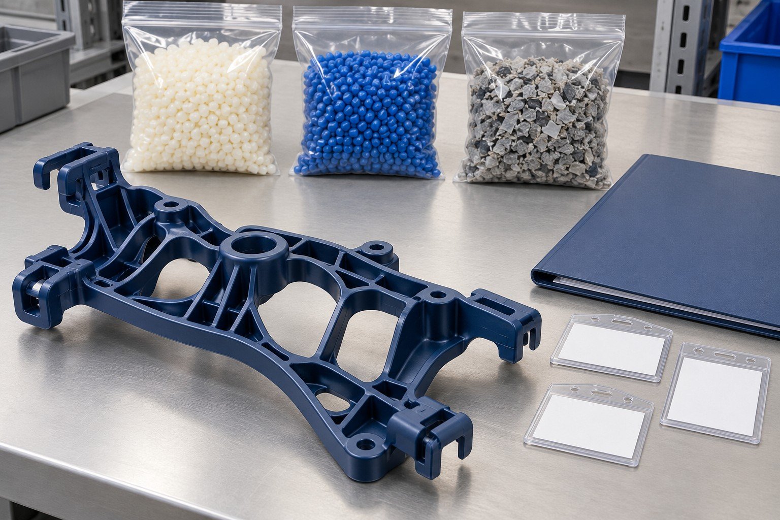 Illustrative polymer traceability concept: ribbed polymer support with separately sealed material batch samples and blank identity tags