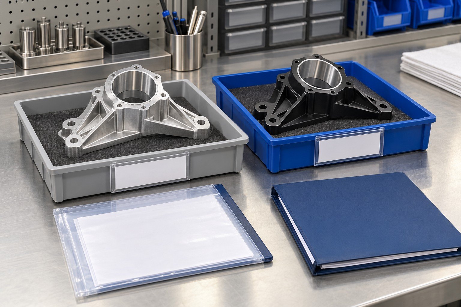 Illustrative outside-process traceability concept: matching unfinished and dark-finished mounting frames in separate outgoing and return trays beside record sleeves