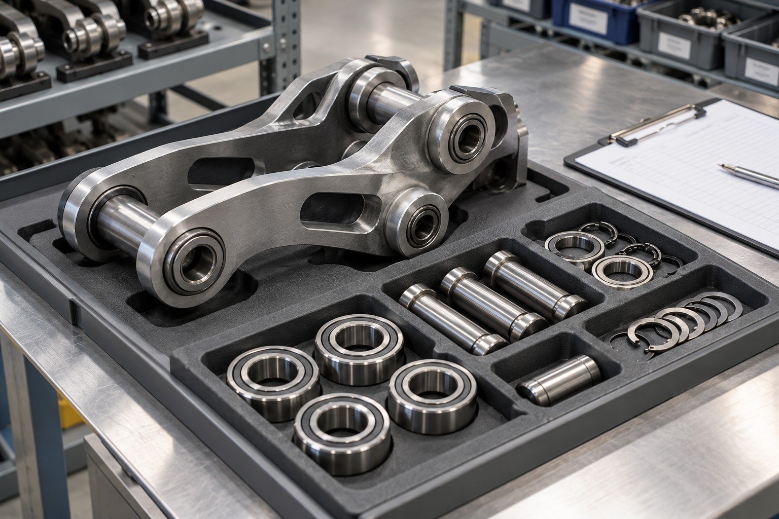 Mechanical linkage subassembly with separate component bearings and pins organized into a parent assembly tray