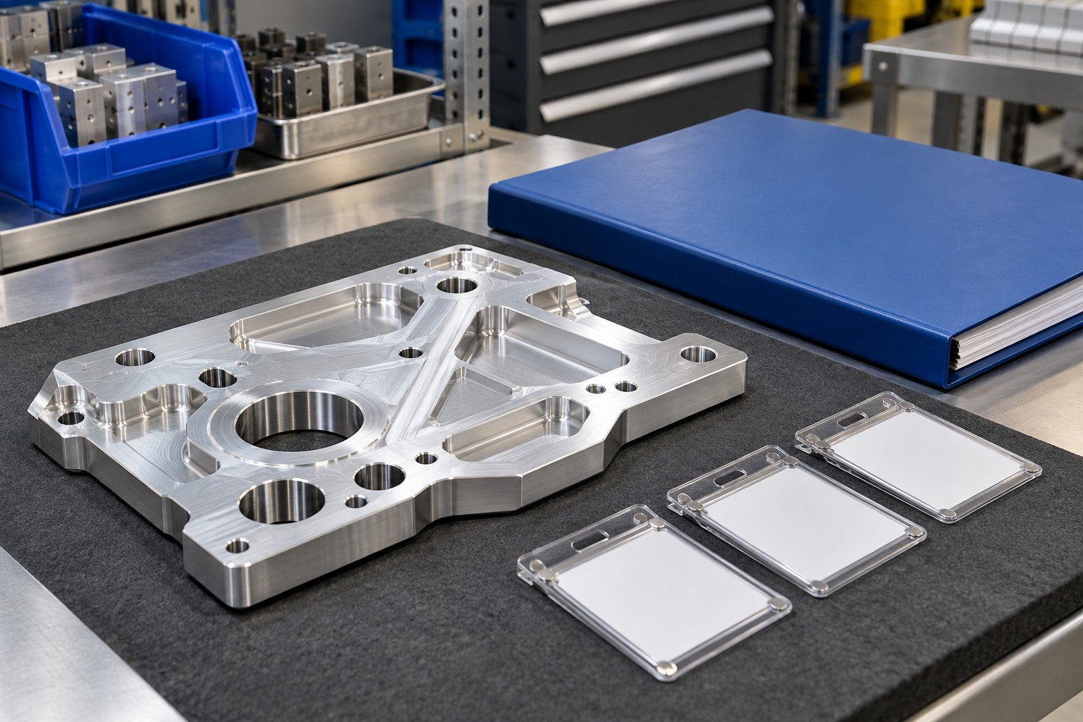 Unique milled aluminum plate with three separate empty identity tag holders and plain scope review folder