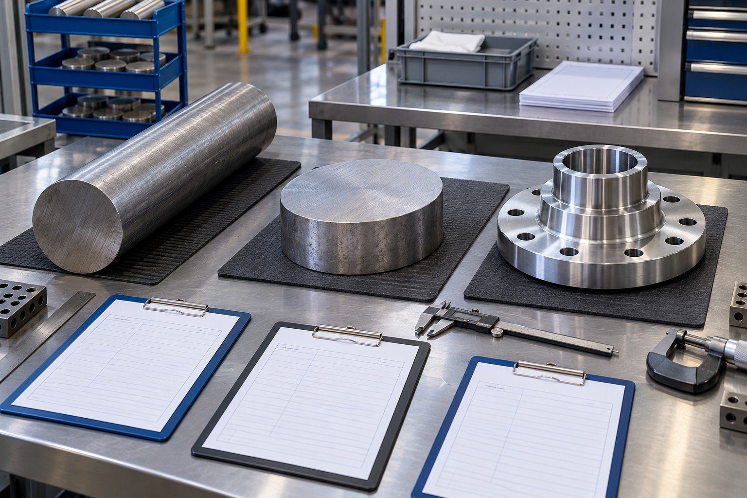 Metal stock bar, cut blank and finished stepped flange separated on one orderly traceability review bench