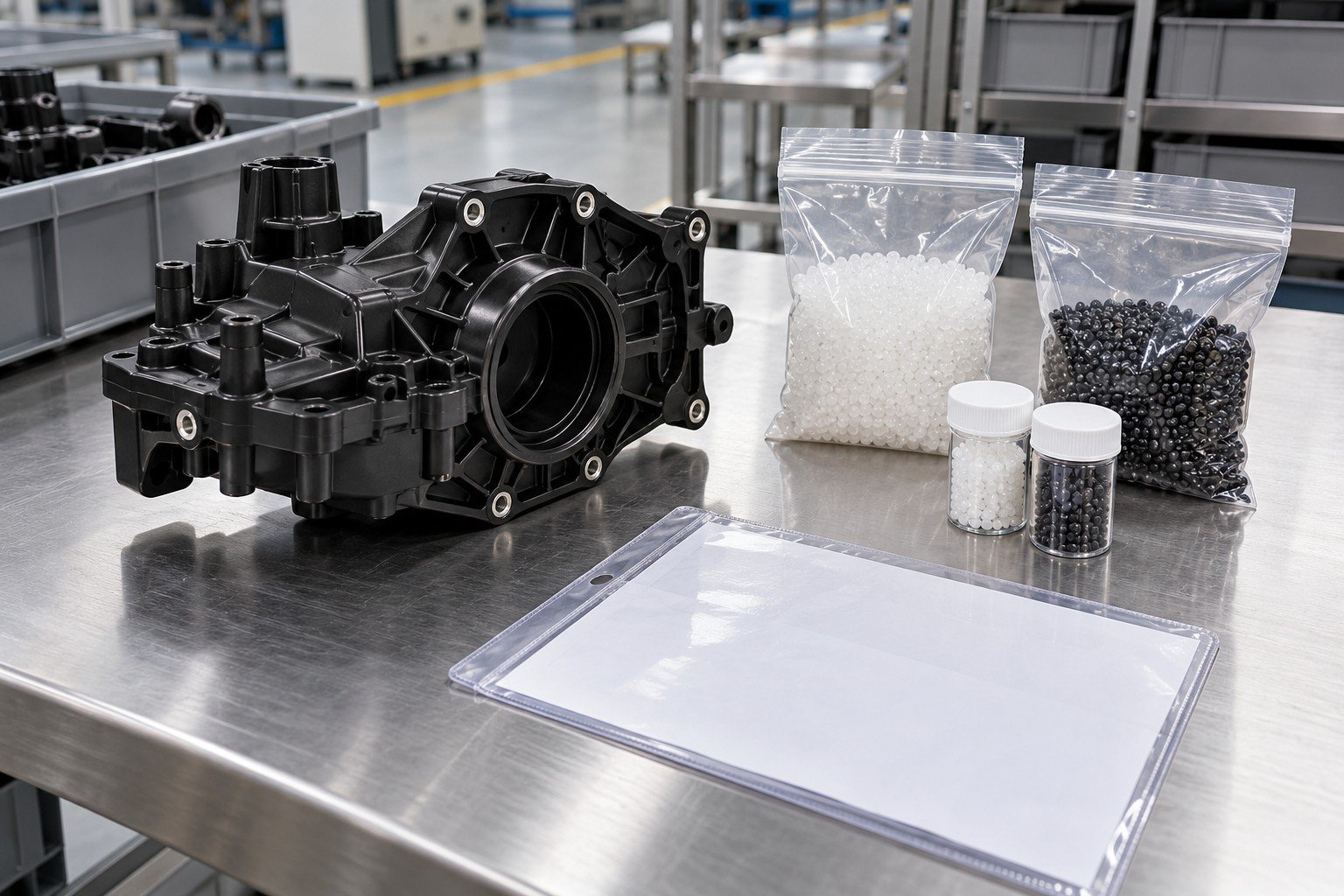 Distinct black polymer gear housing beside separately sealed resin and colorant samples with blank traveler sleeve