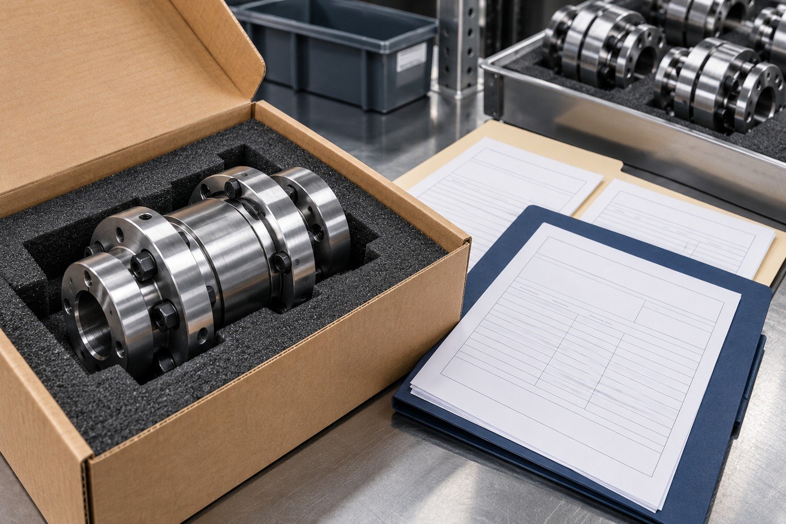 Precision finished steel coupling in shipment foam with plain conformance and source-material record folders