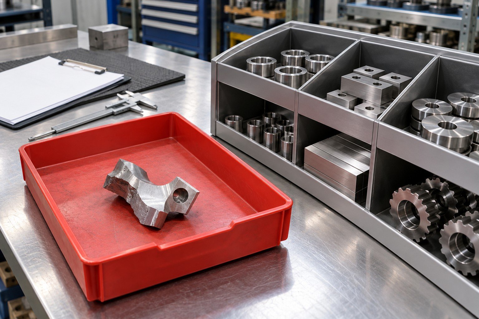 Unidentified metal offcut in a dedicated red review tray beside separate properly segregated stock compartment no readable labels