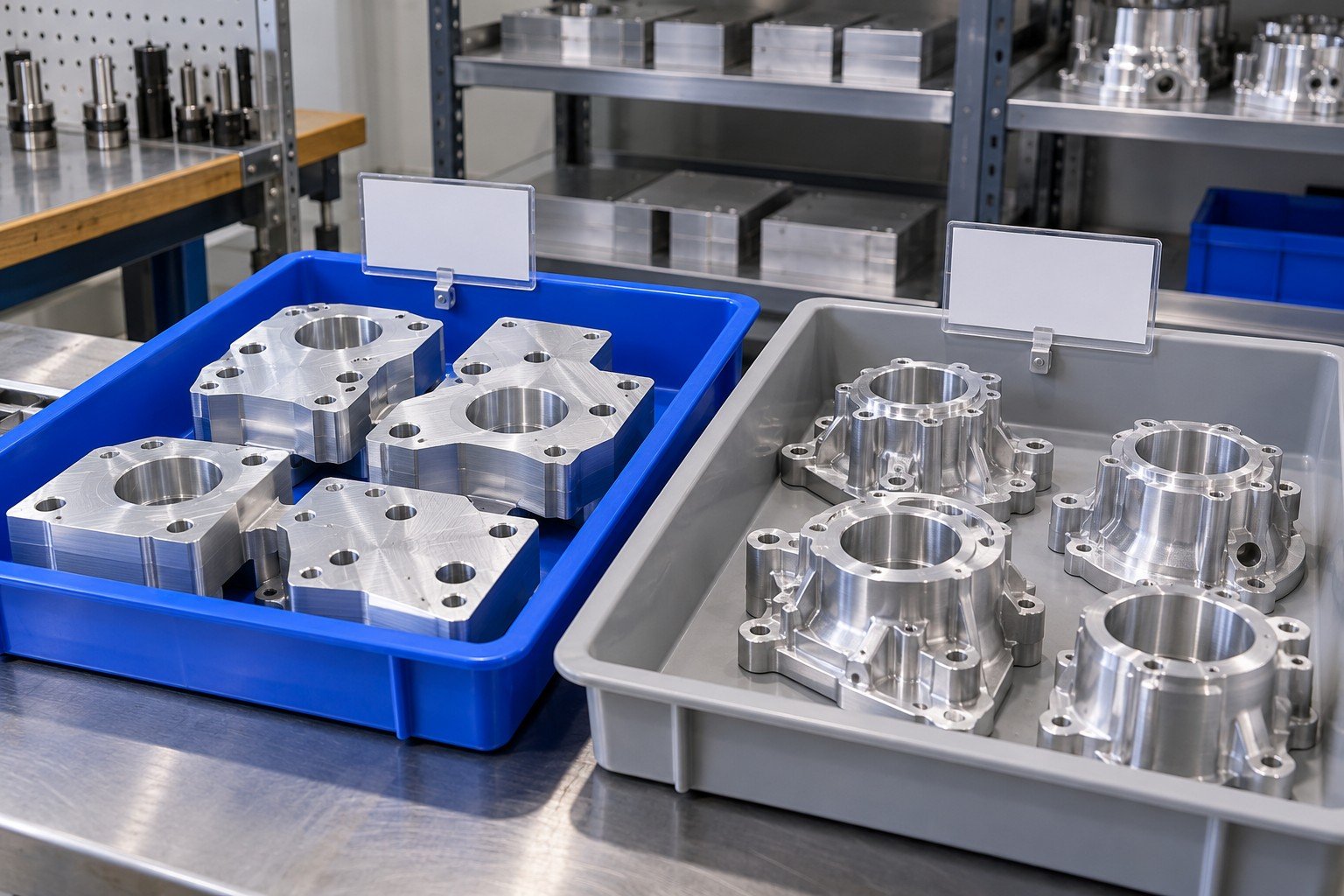 Two differently shaped aluminum blanks physically separated into blue and neutral trays with individual blank tag holders