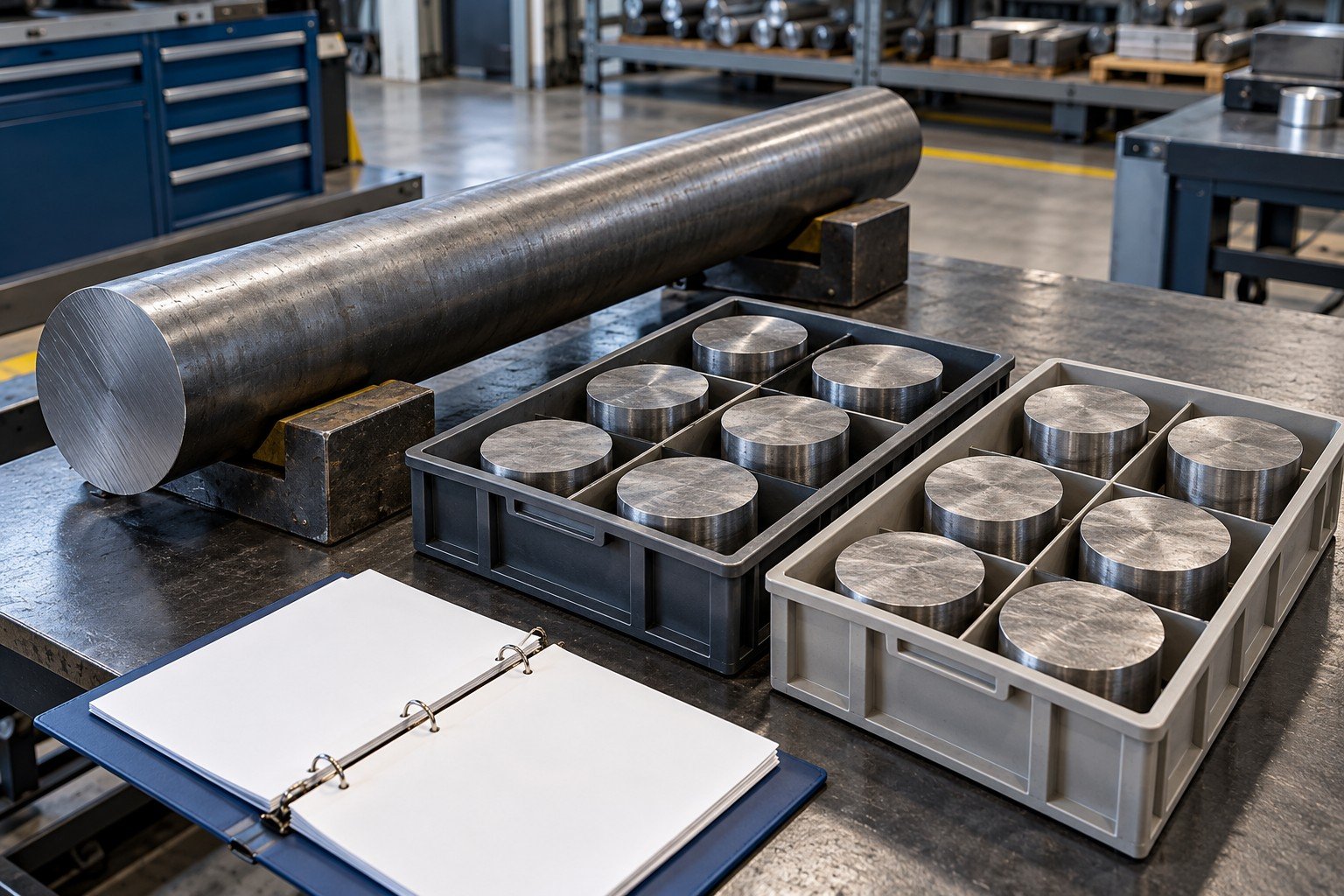 One raw steel bar and two separately compartmented groups of cut billets with blank mapping record folder