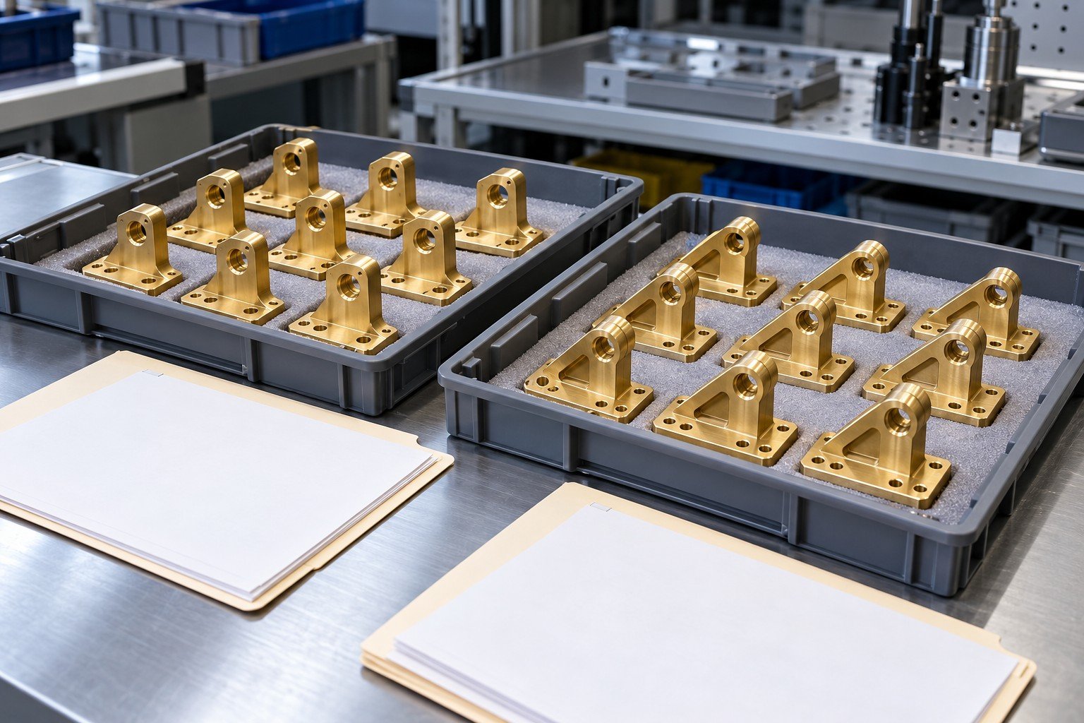Two geometrically different revisions of a precision brass bracket in separate trays beside blank revision folders