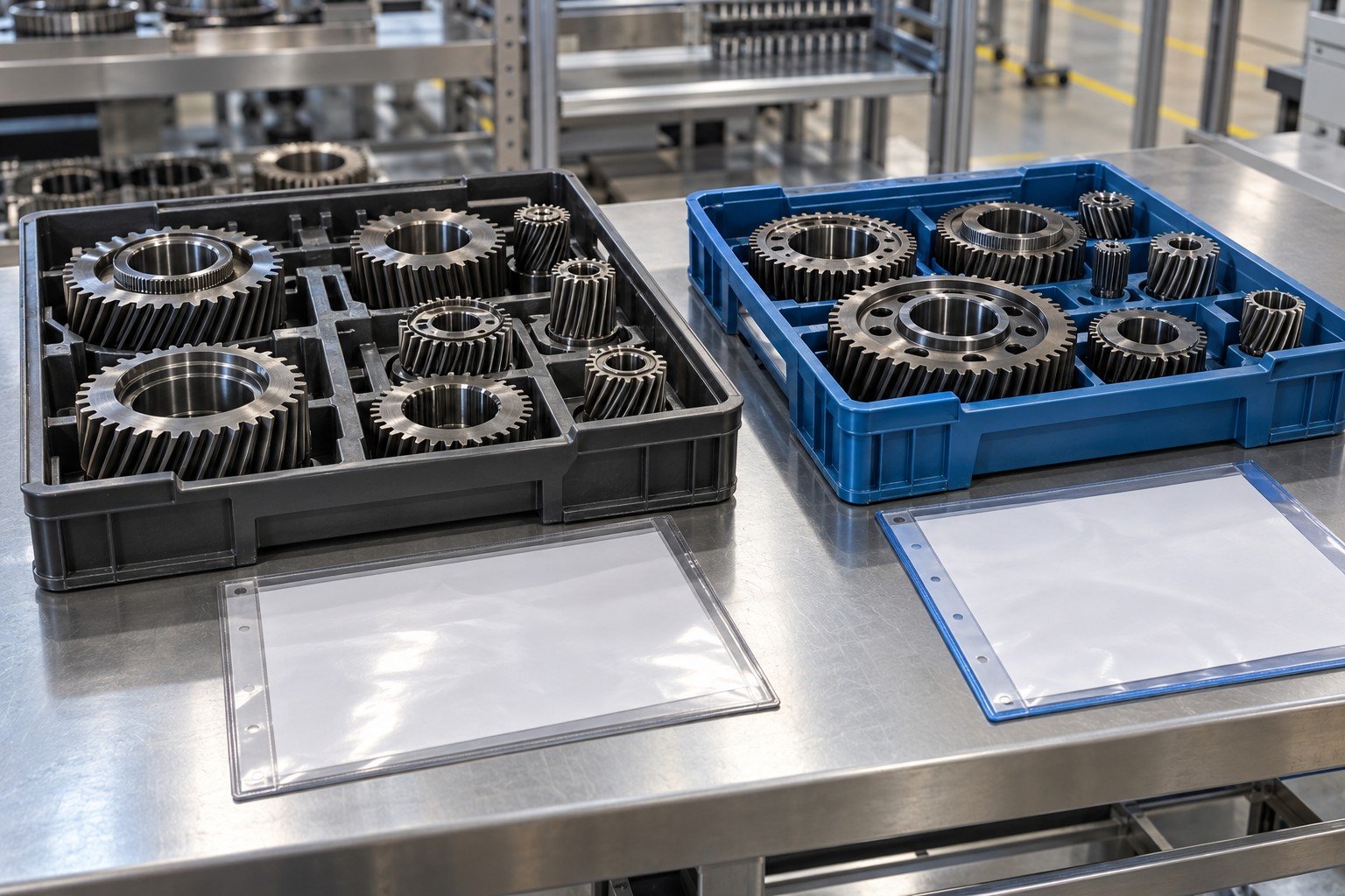 Heat-treated steel gears in separate outgoing and returning process trays with plain process document sleeves