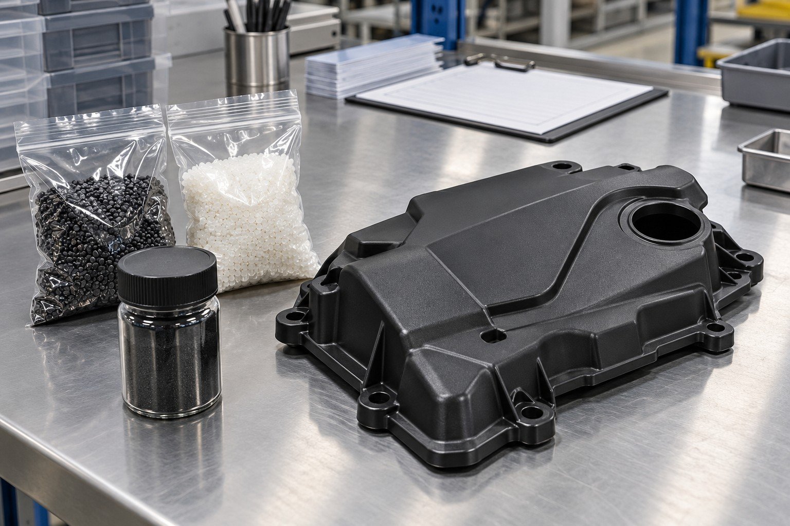 Molded dark polymer cover beside two separately sealed pellet sample bags and separate colorant sample jar