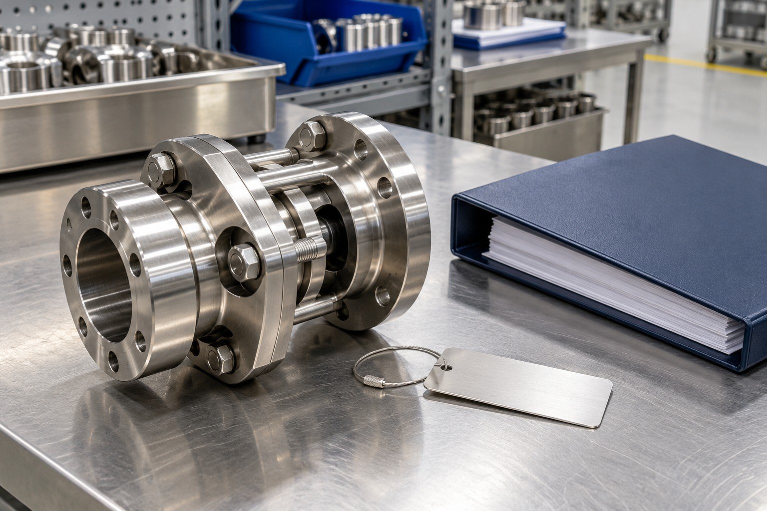 Uniquely shaped stainless coupling beside blank serial tag holder and closed linked-record folder, no readable serial