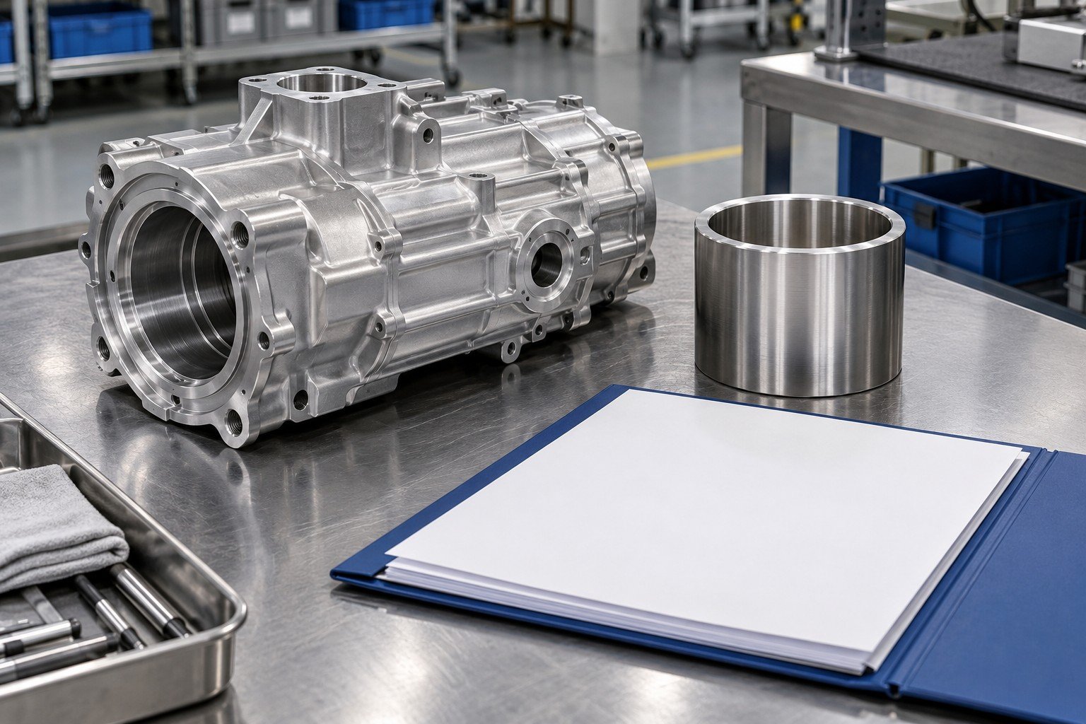 Finished aluminum actuator body beside plain conformance sleeve and separate original-looking material report folder with no readable data