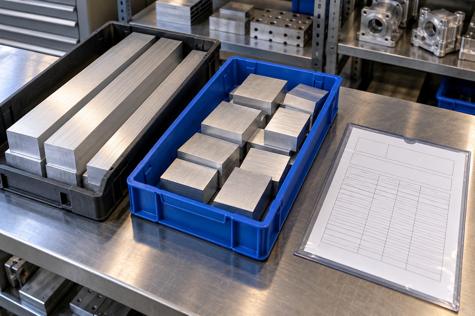 Incoming rectangular aluminum stock bars and separate cut blanks in two clearly segregated trays beside blank supplier material report sleeve