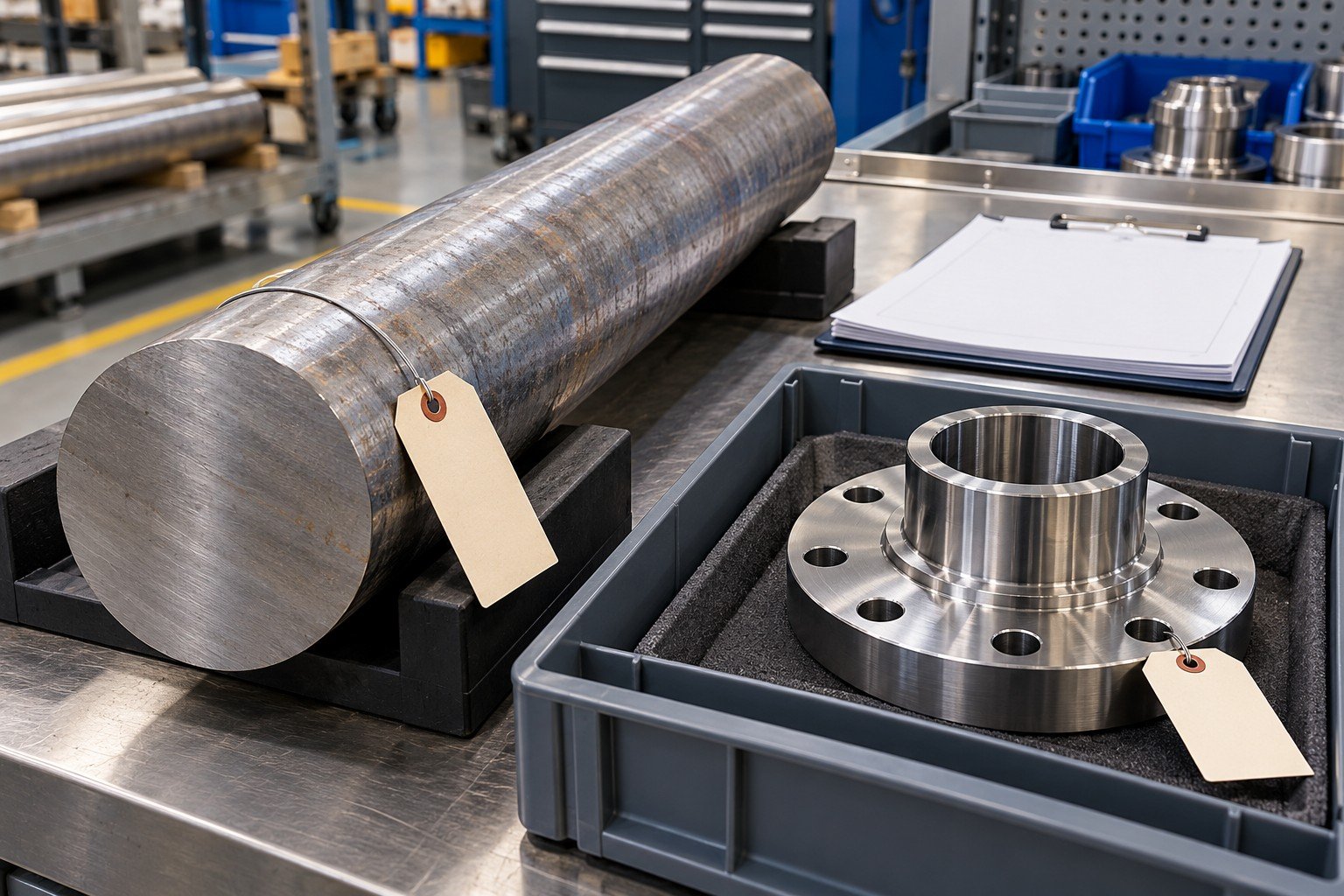 Raw steel round bar with blank source tag and separate machined flanged collar in a dedicated labeled-looking compartment, no readable heat numbers