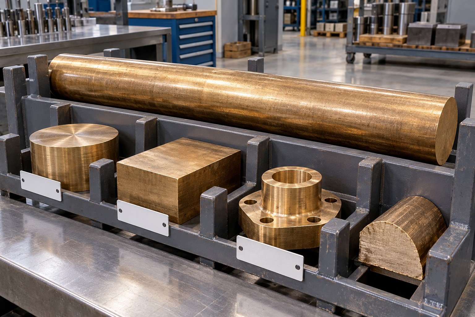 Long bronze bar, three distinct cut blanks and separate remnant in individual receiving rack pockets with blank identity tags