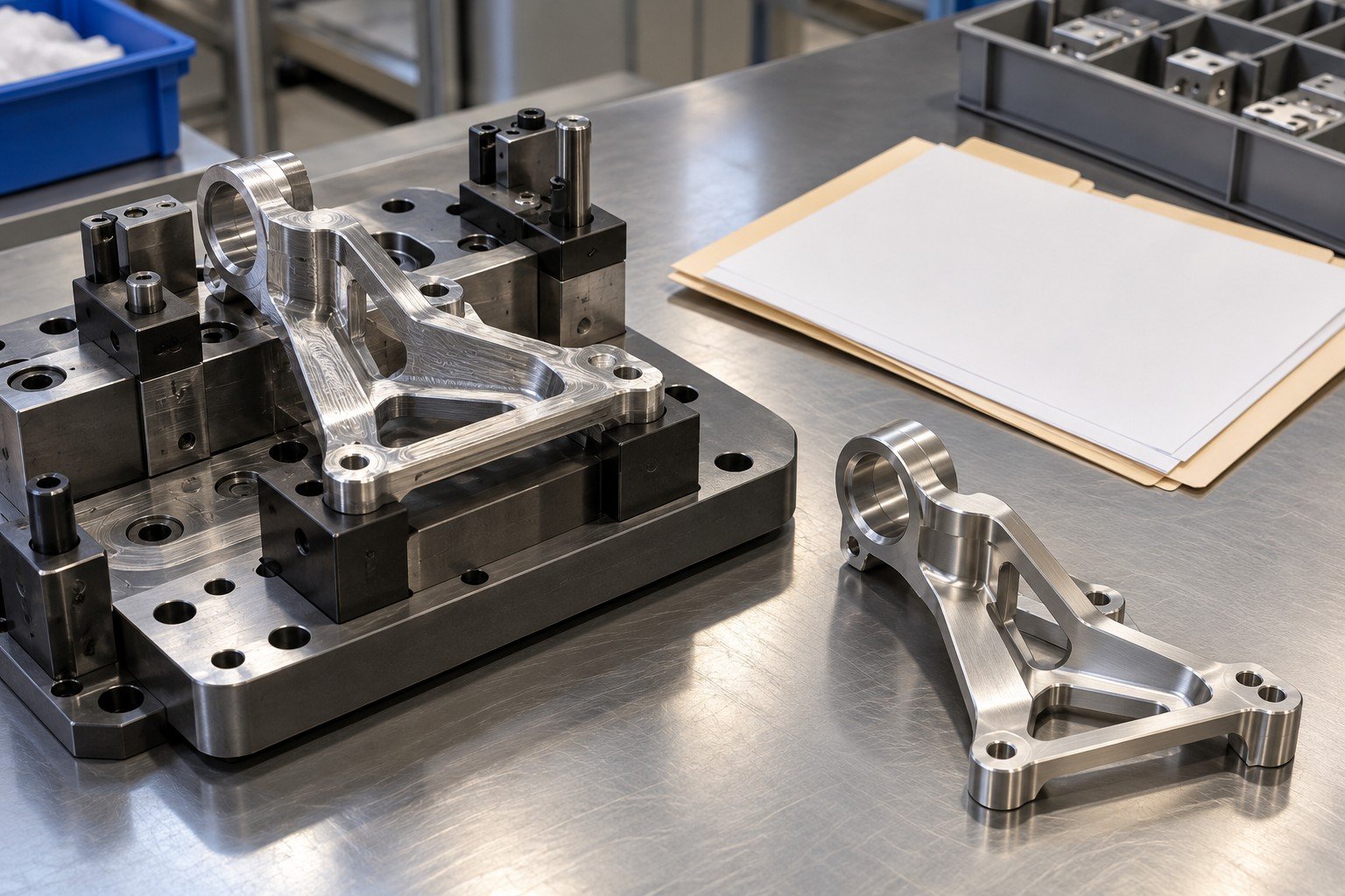 Unique partially machined stainless instrument bracket in open workholding nest beside plain manufacturing traveler folder and separate finished sample