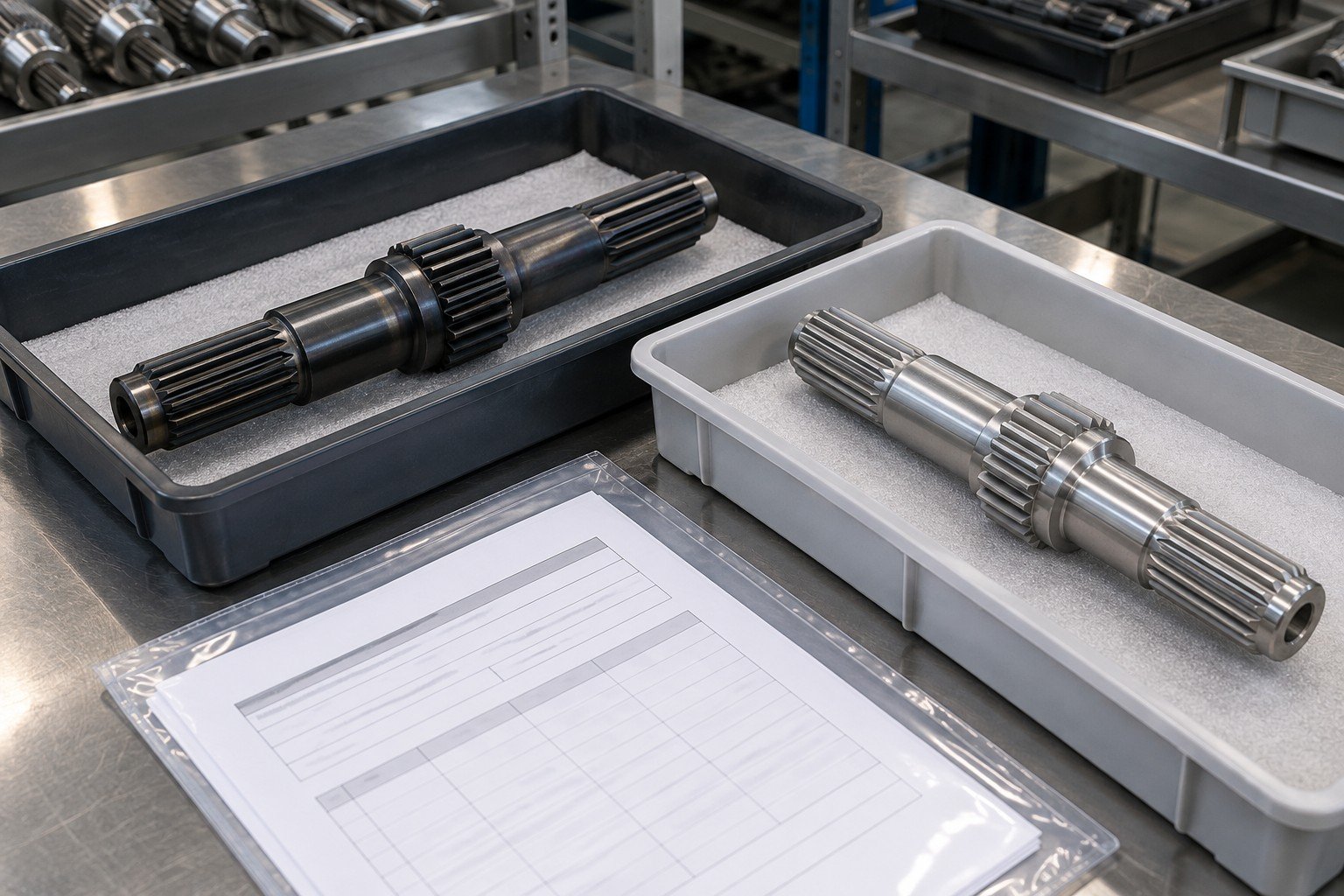 Heat-treated dark steel splined shaft and bright unfinished matching blank in separate return-process trays beside sealed plain process record sleeve