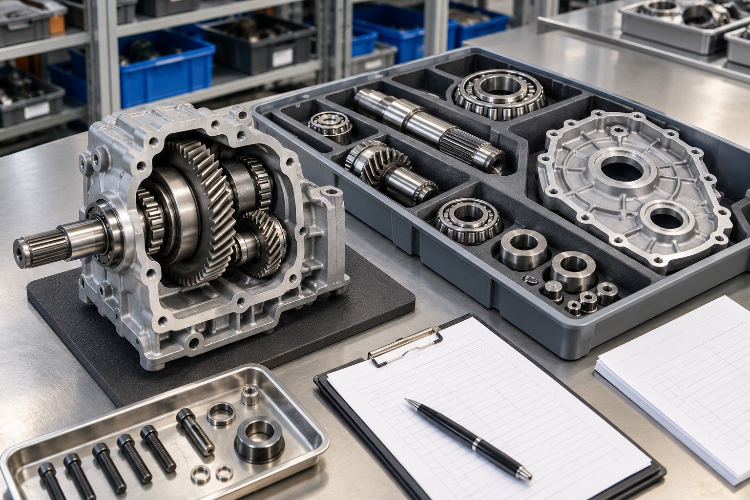 Compact mechanical reduction gearbox subassembly with separately organized bearings, shafts and cover in matching parent-component tray