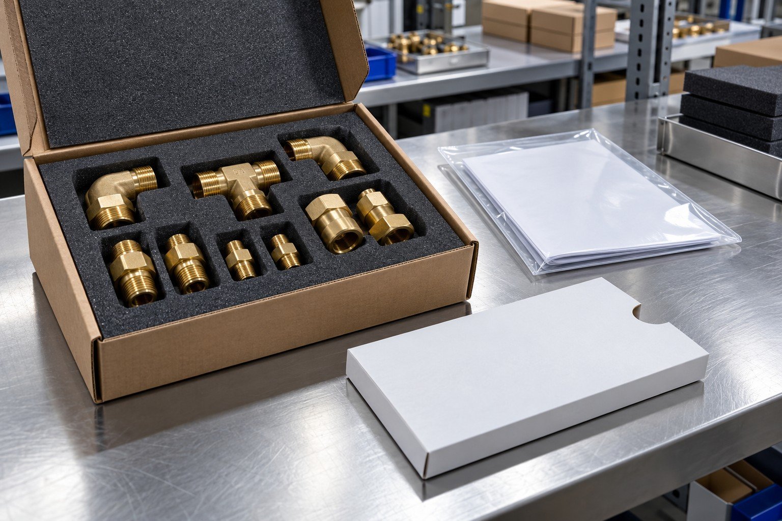 Finished precision brass fluid connector set in fitted shipment foam with separate sealed release folder and blank package identity sleeve