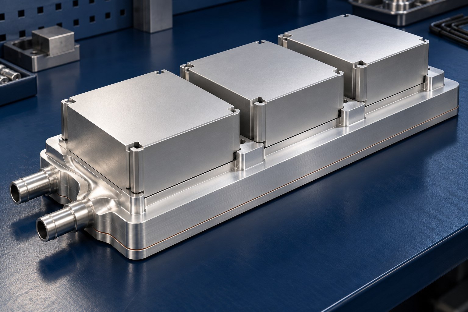 Illustrative liquid cold plate in a power electronics assembly concept, not documentary company or customer photography