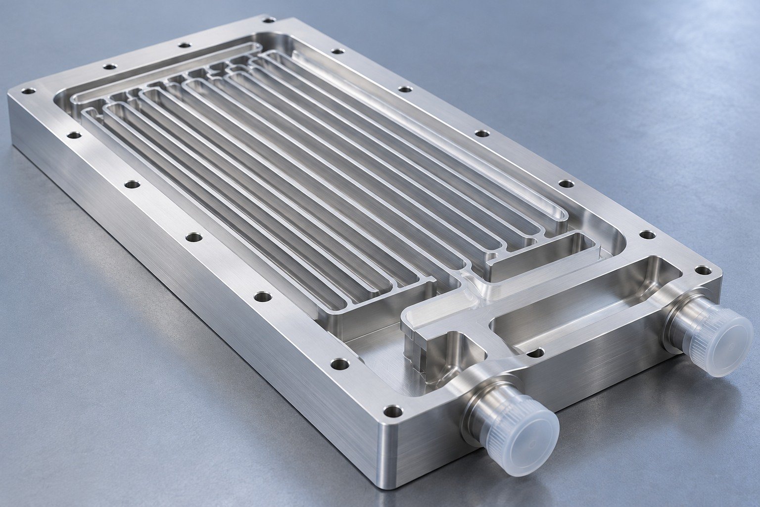 Illustrative enclosed passages on a vacuum brazed cold plate concept, not documentary company or customer photography