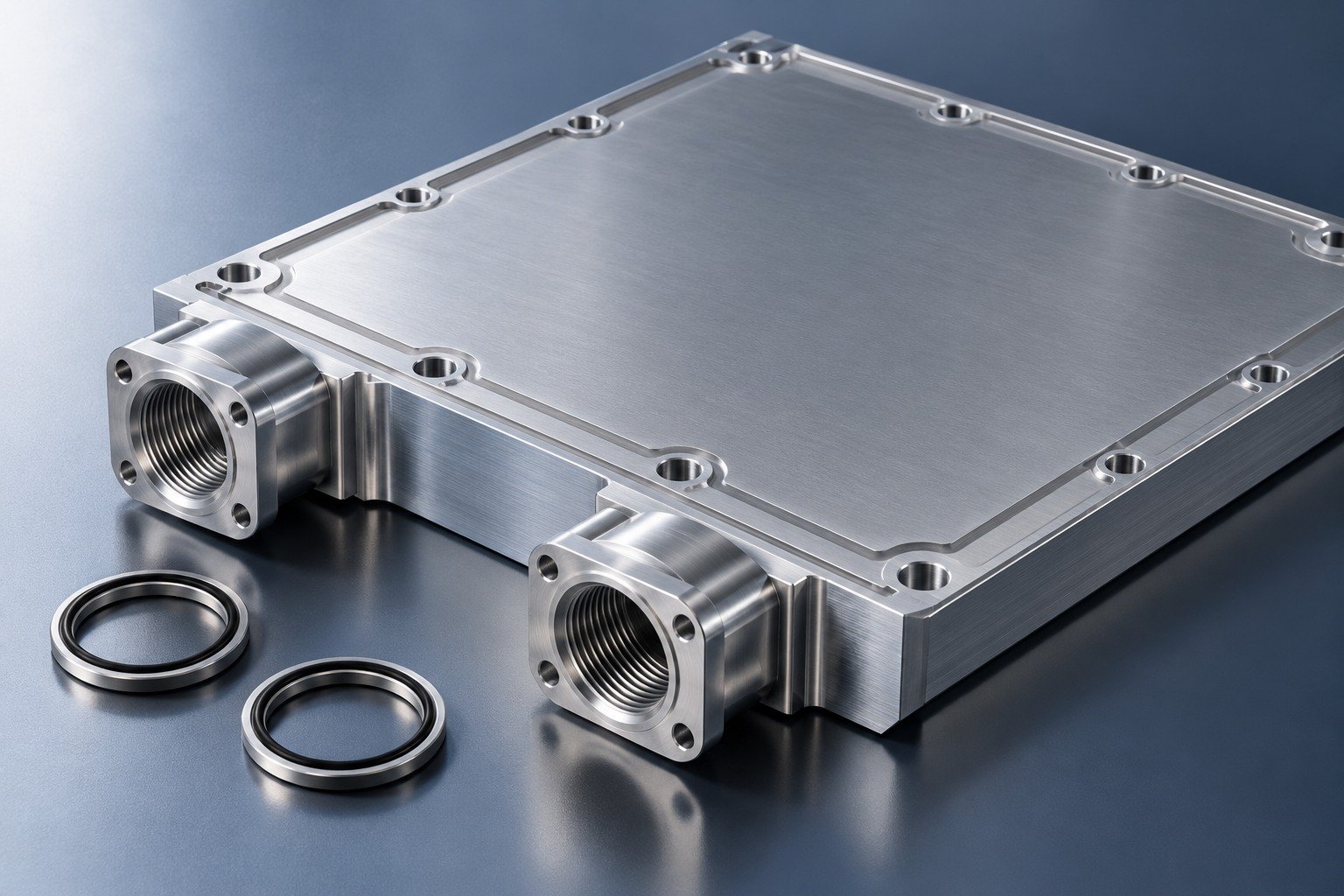 Illustrative ports and sealing faces on a vacuum brazed cold plate concept, not documentary company or customer photography