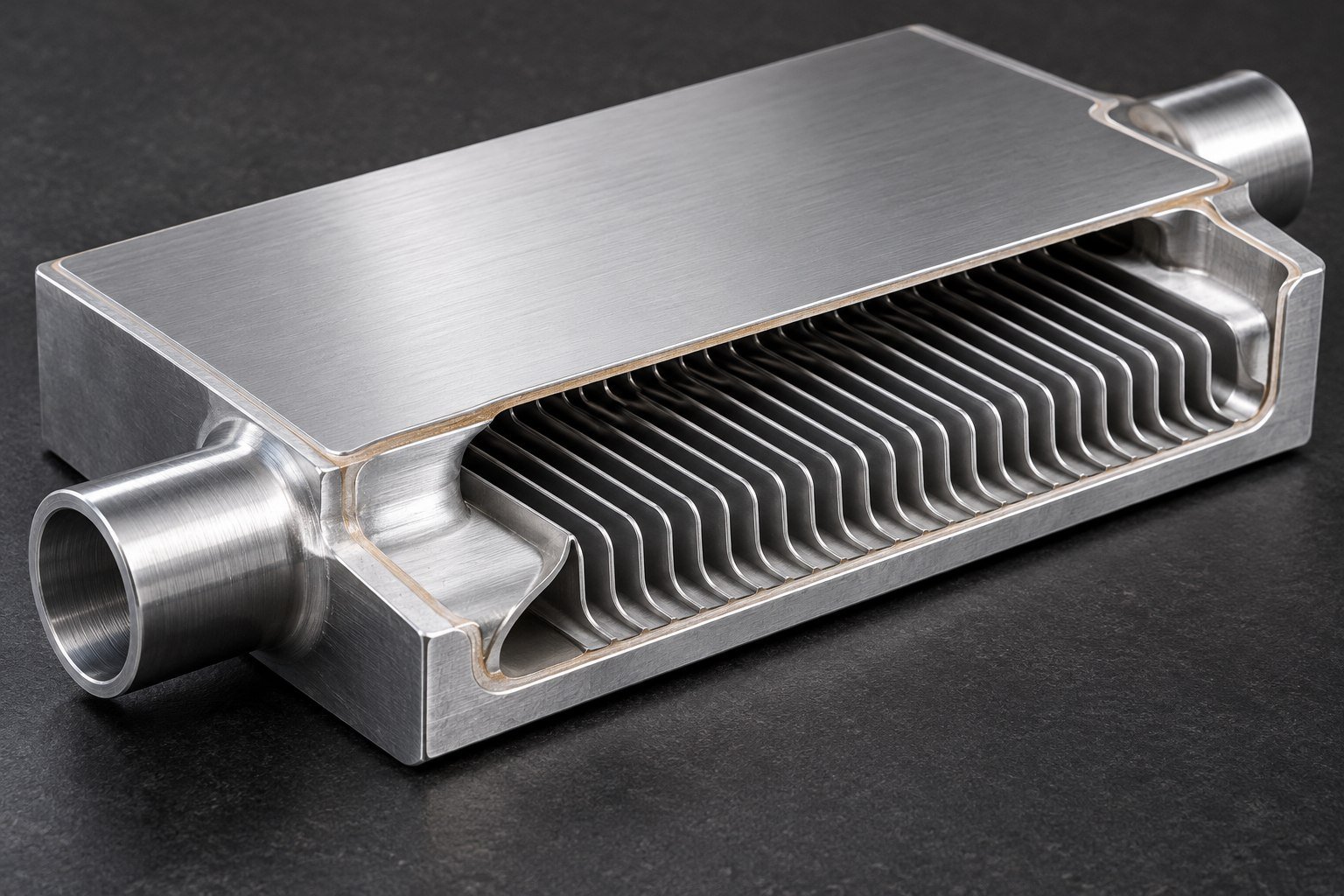 Illustrative cutaway internal fin insert and joined cover of an aluminum cold plate concept, not documentary company or customer photography