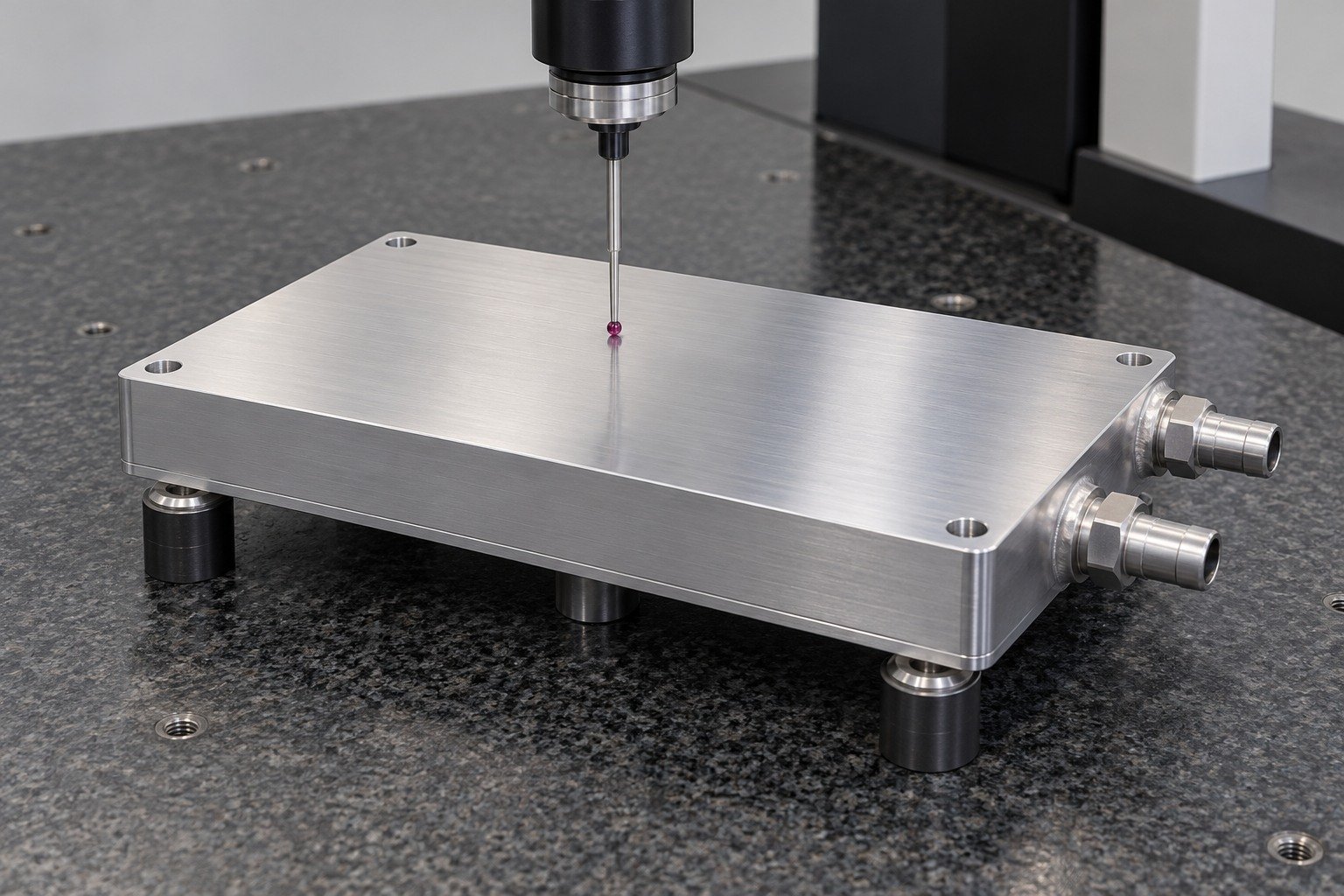 Illustrative post-braze flatness review for a vacuum brazed cold plate concept, not documentary company or customer photography