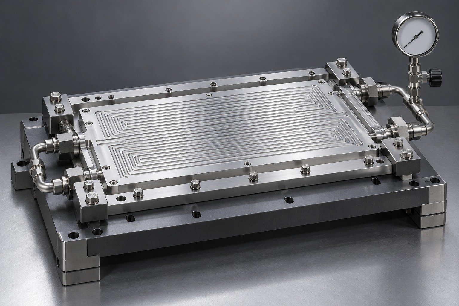 Illustrative pressure checks review for a vacuum brazed cold plate concept, not documentary company or customer photography