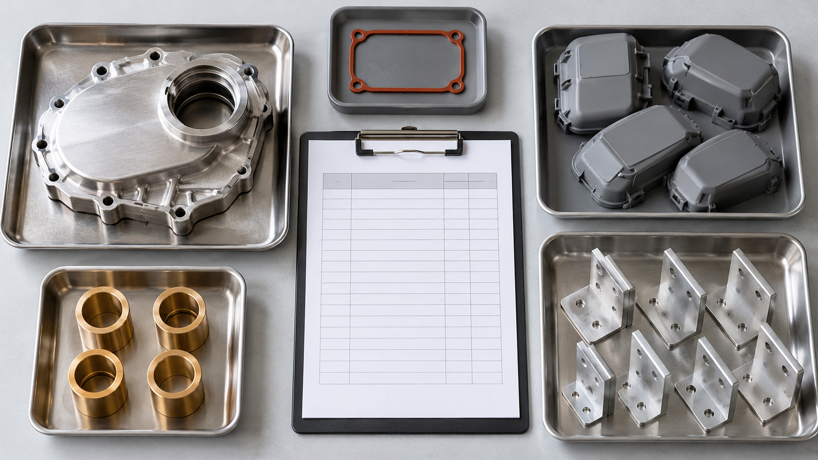 Illustrative separated part trays and a bill of materials review