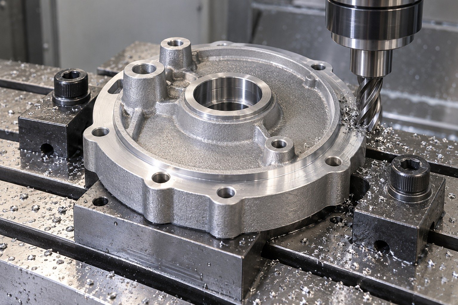 ZA-12 dual boss pump cover machining concept — illustrative generated component concept