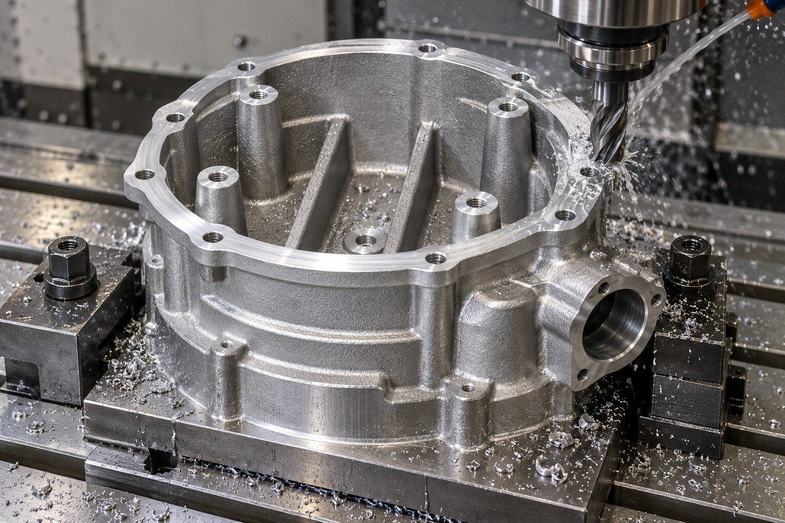 ZA-27 stepped open reducer housing machining concept — illustrative generated component concept