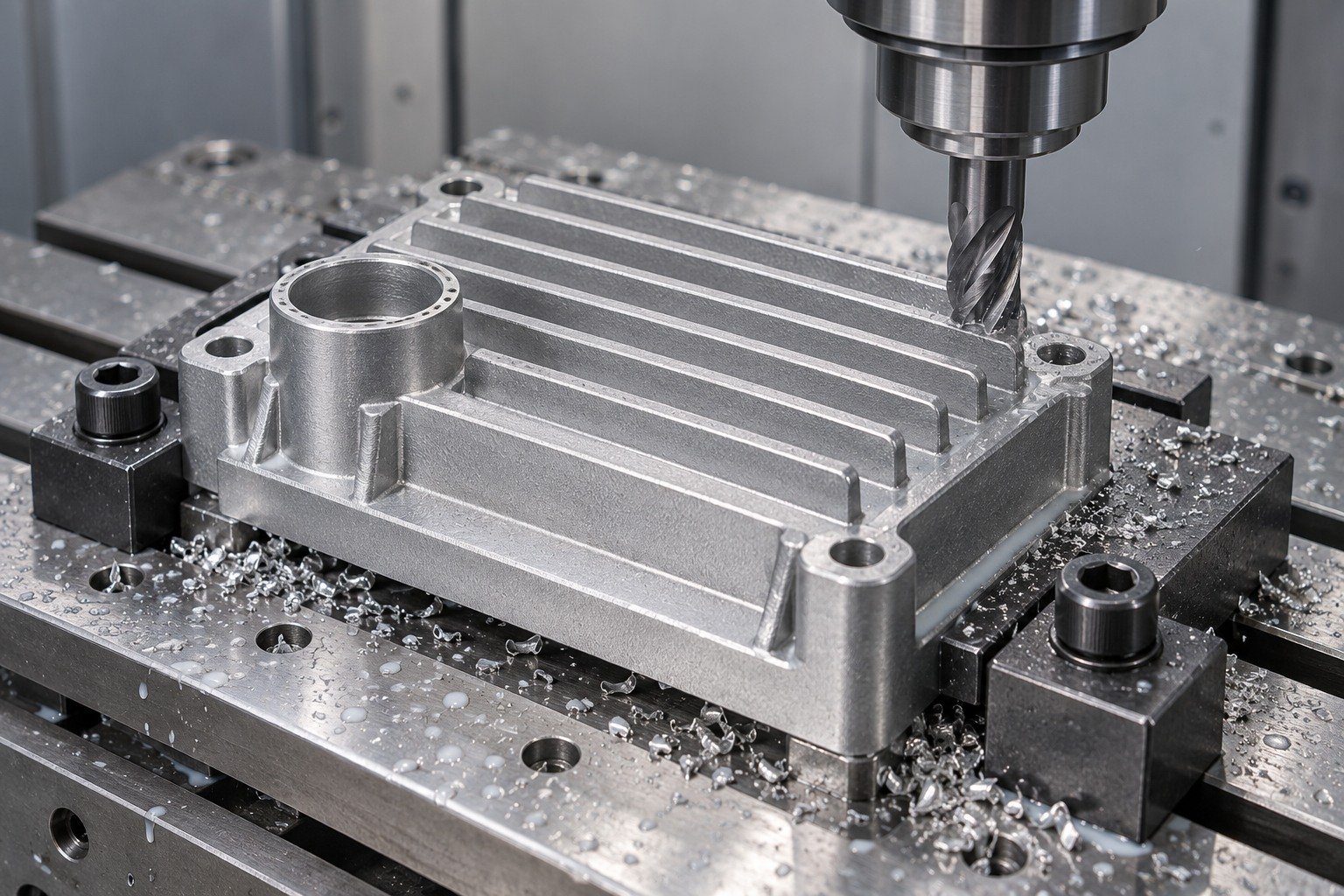 ZA-8 finned connector cover machining concept — illustrative generated component concept