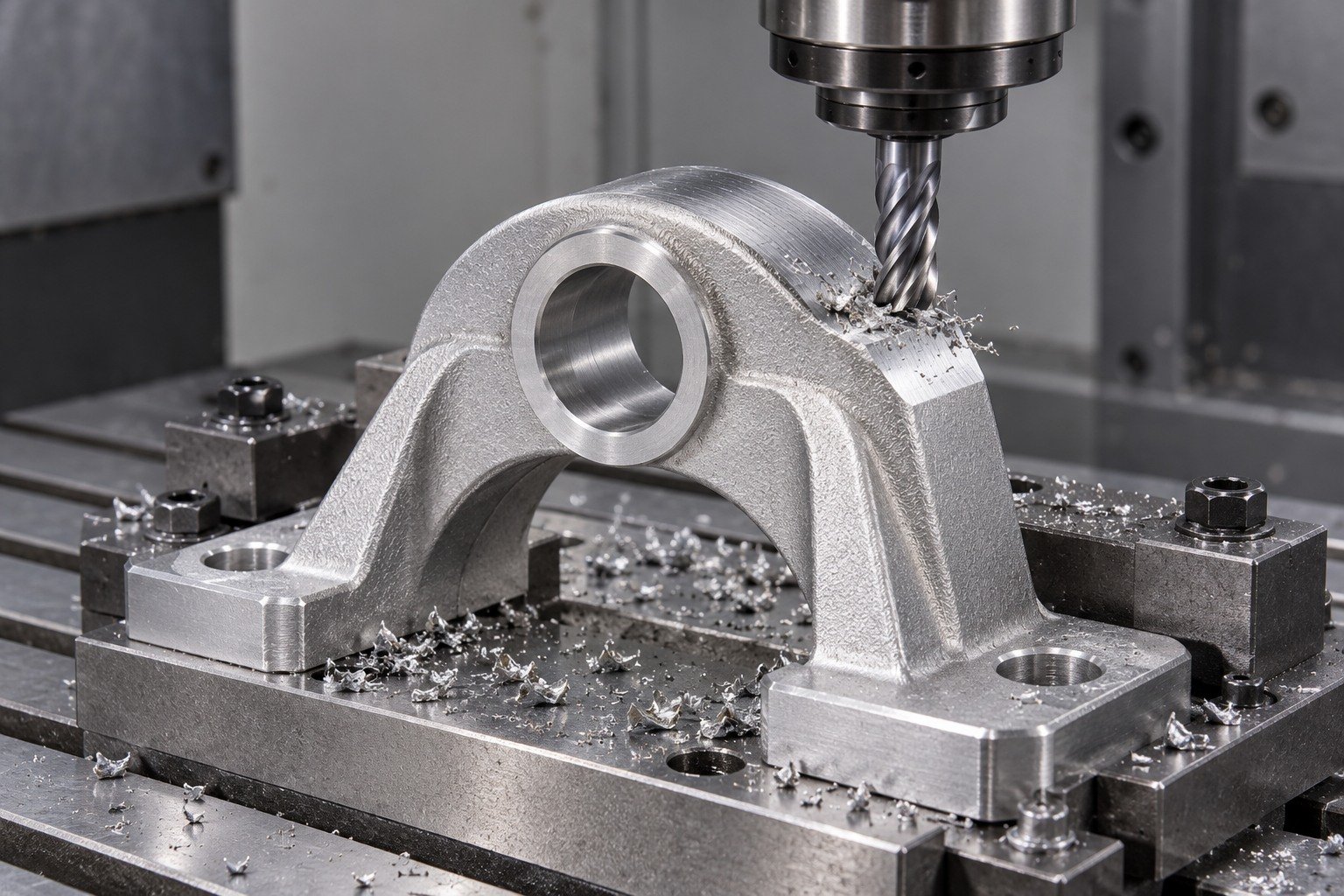 Zamak 5 arched link support machining concept — illustrative generated component concept