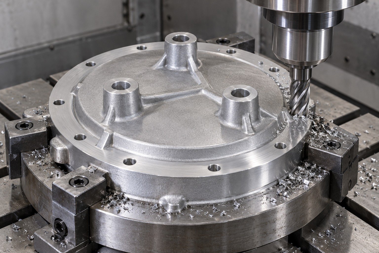 Zamak 5 three boss service cover machining concept — illustrative generated component concept