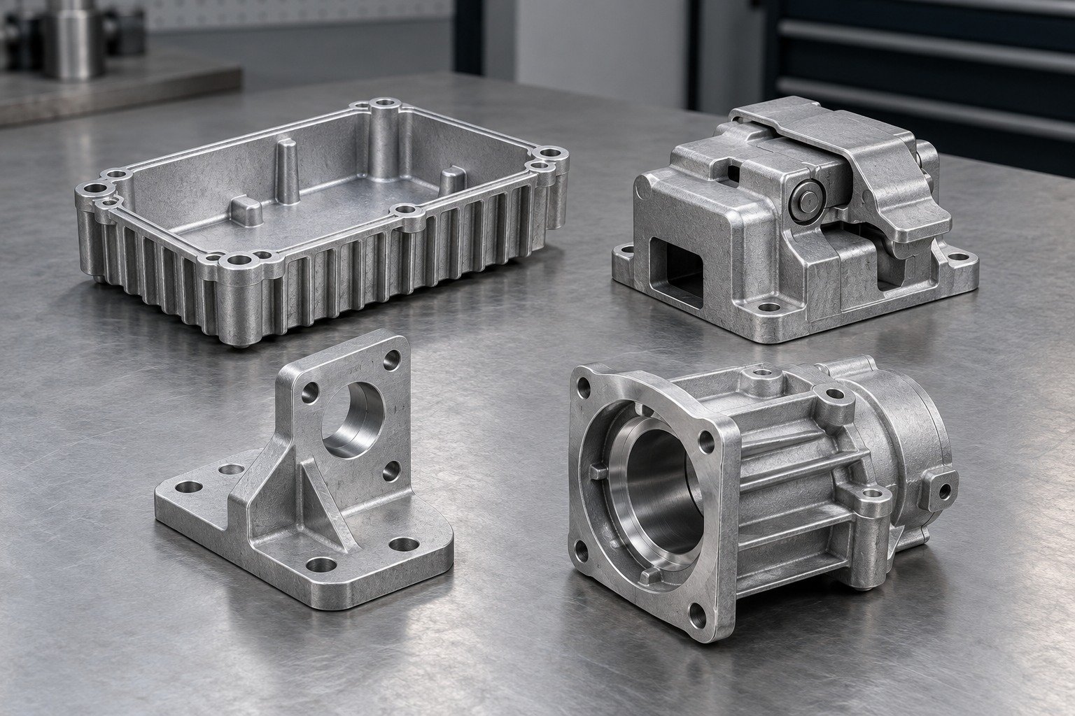 Zinc-alloy enclosure, latch, bracket and drive-housing concepts — illustrative generated component concept