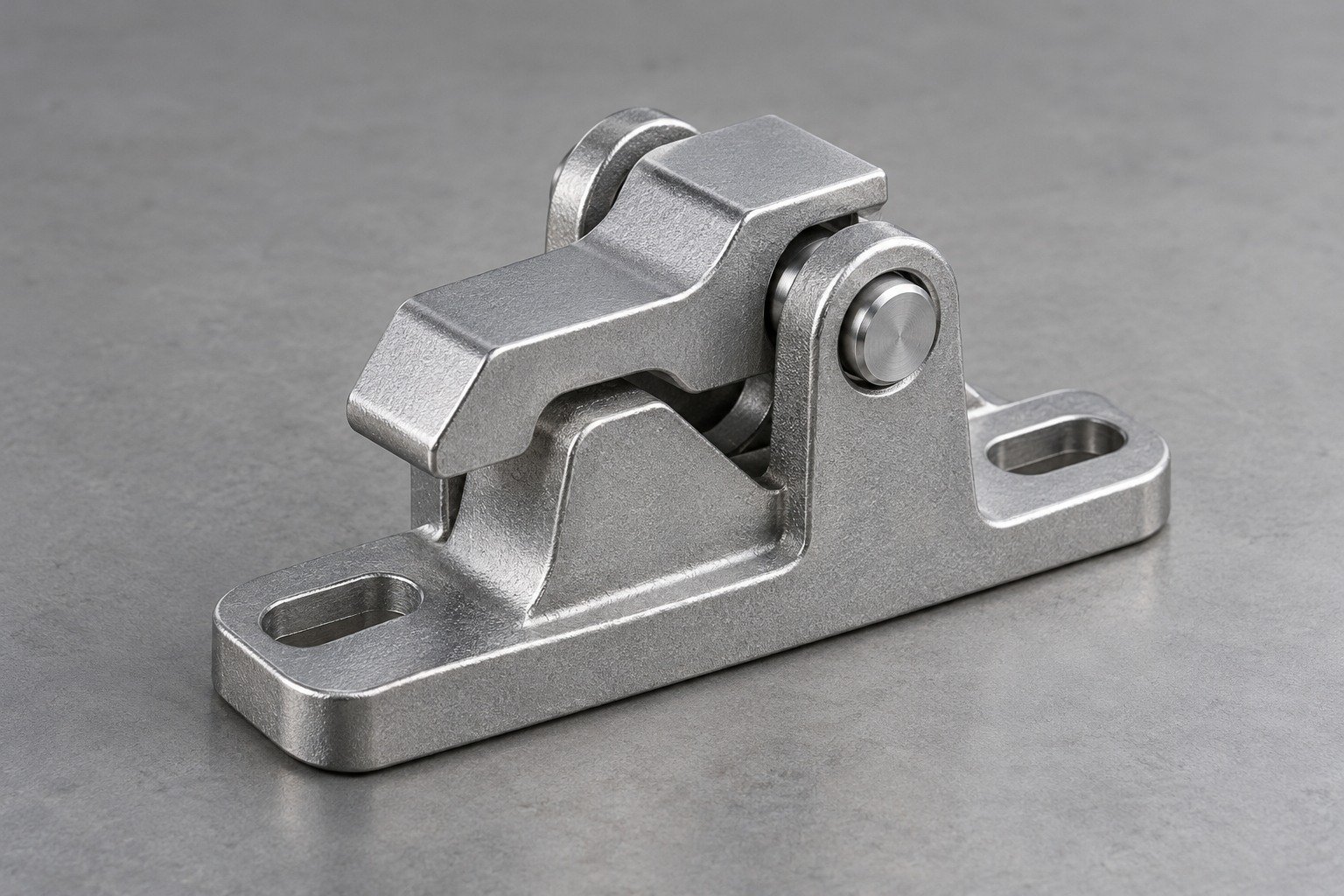 Zinc-alloy hinged latch chassis part review concept — illustrative generated component concept