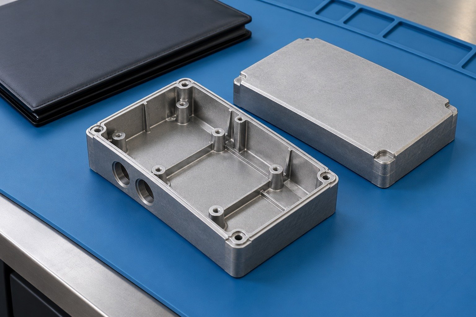 Zinc-alloy ribbed electronics enclosure eu review concept — illustrative generated component concept