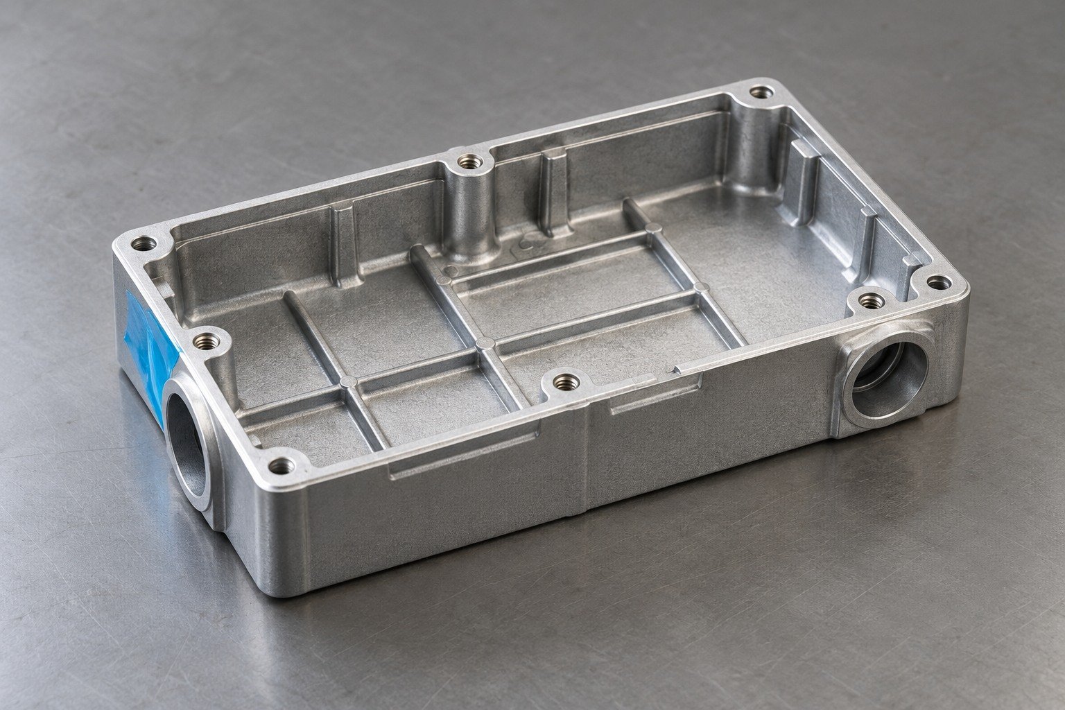 Zinc-alloy ribbed electronics enclosure finish review concept — illustrative generated component concept