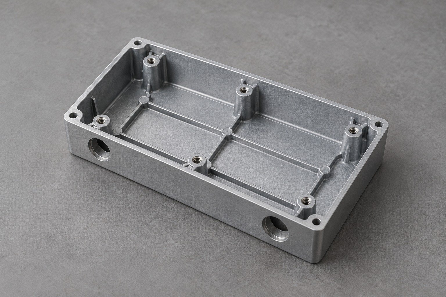 Zinc-alloy ribbed electronics enclosure part review concept — illustrative generated component concept