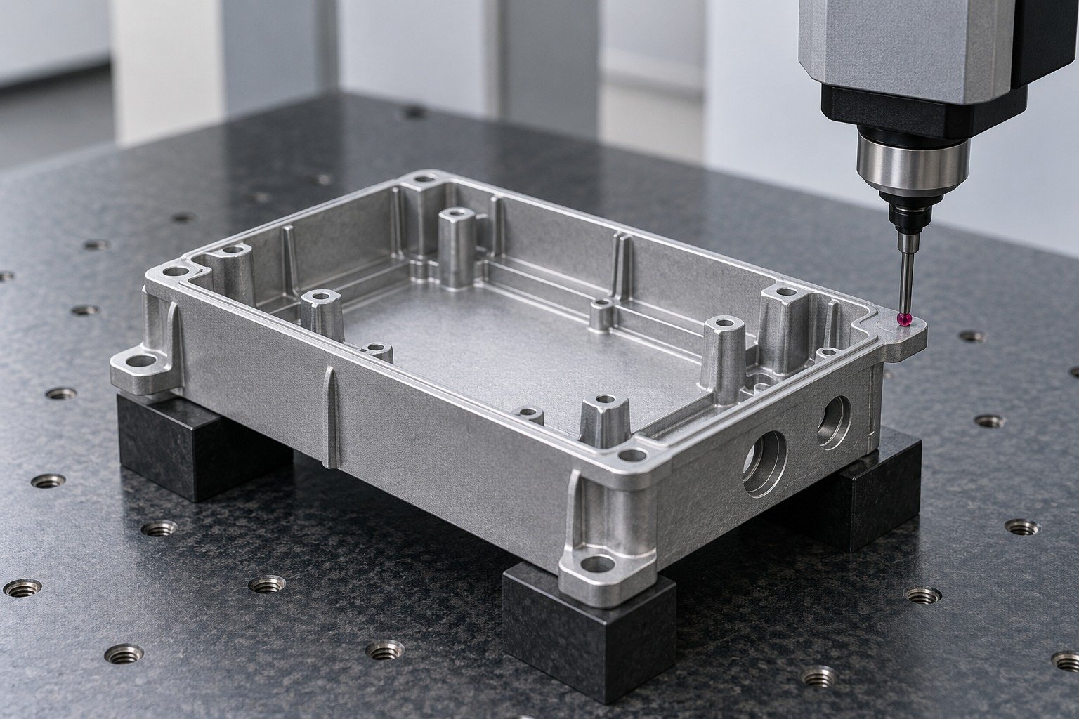 Zinc-alloy ribbed electronics enclosure records review concept — illustrative generated component concept